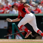JUPITER, FL - MARCH 10: Peter Bourjos #8 of the St. Louis Cardinals runs to first base in the fifth inning of a game against the Detroit Tigers at Roger Dean Stadium on March 10, 2014 in Jupiter, Florida. (Photo by Stacy Revere/Getty Images)